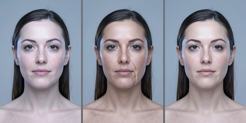 Three identical portraits of the same woman arranged in a horizontal row, each showing the output of a different face swap tool. The jaw and hairline seams differ visibly between panels: one clean, one slightly mismatched in skin tone, one carrying a faint edge line. A neutral studio backdrop sits behind every headshot, with thin gray dividers separating the panels. Soft, even frontal light from a large softbox falls cool and diffuse across each face, flattening shadows so the blending seams stay readable. Clinical, comparative atmosphere.