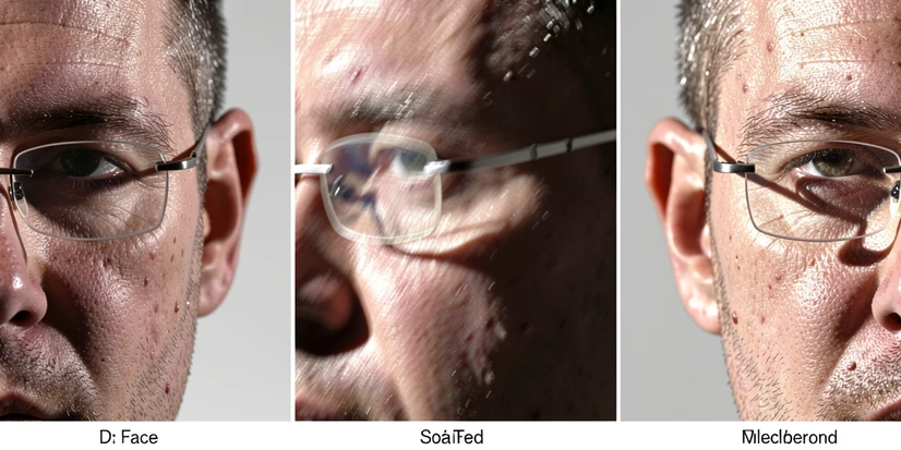 Three side-by-side close-up crops of the same man's face wearing thin metal eyeglasses after a face swap, each focused on the cheek where the temple arm crosses skin. The left crop shows a cleanly redrawn frame, the middle a smeared blurry artifact, the right a broken doubled arm. A plain light gray background sits behind each crop with small panel labels beneath. Hard directional light from the upper right rakes across the skin, exaggerating every blending flaw and smear. Critical, forensic atmosphere.