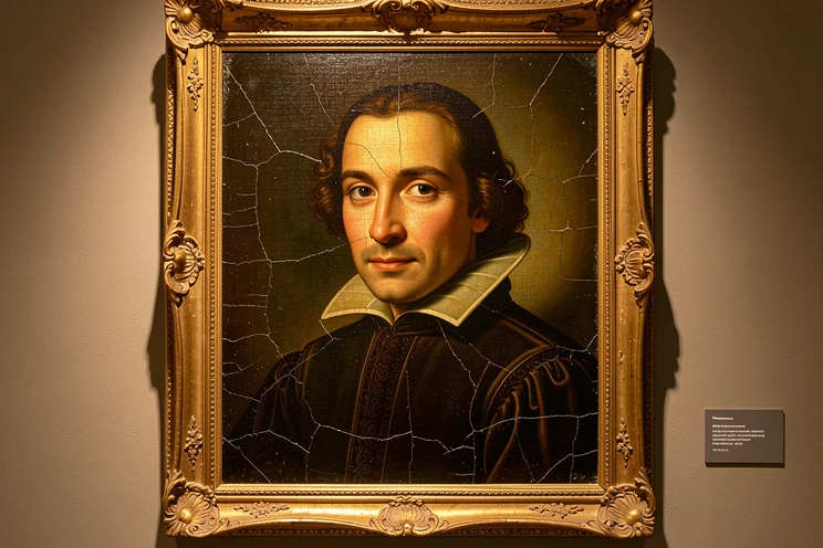 A photographic human face blended onto a classical oil-painted portrait, the realistic skin and eyes meeting visible brushstroke texture at the temples and collar. The figure wears a Renaissance-style dark robe inside an ornate gilded frame against a museum wall. Cracked varnish and canvas weave show across the painted regions while the swapped face stays sharp and modern. Warm gallery spotlighting from the upper left casts soft amber highlights along the painted surface. Surreal, uncanny gallery atmosphere.