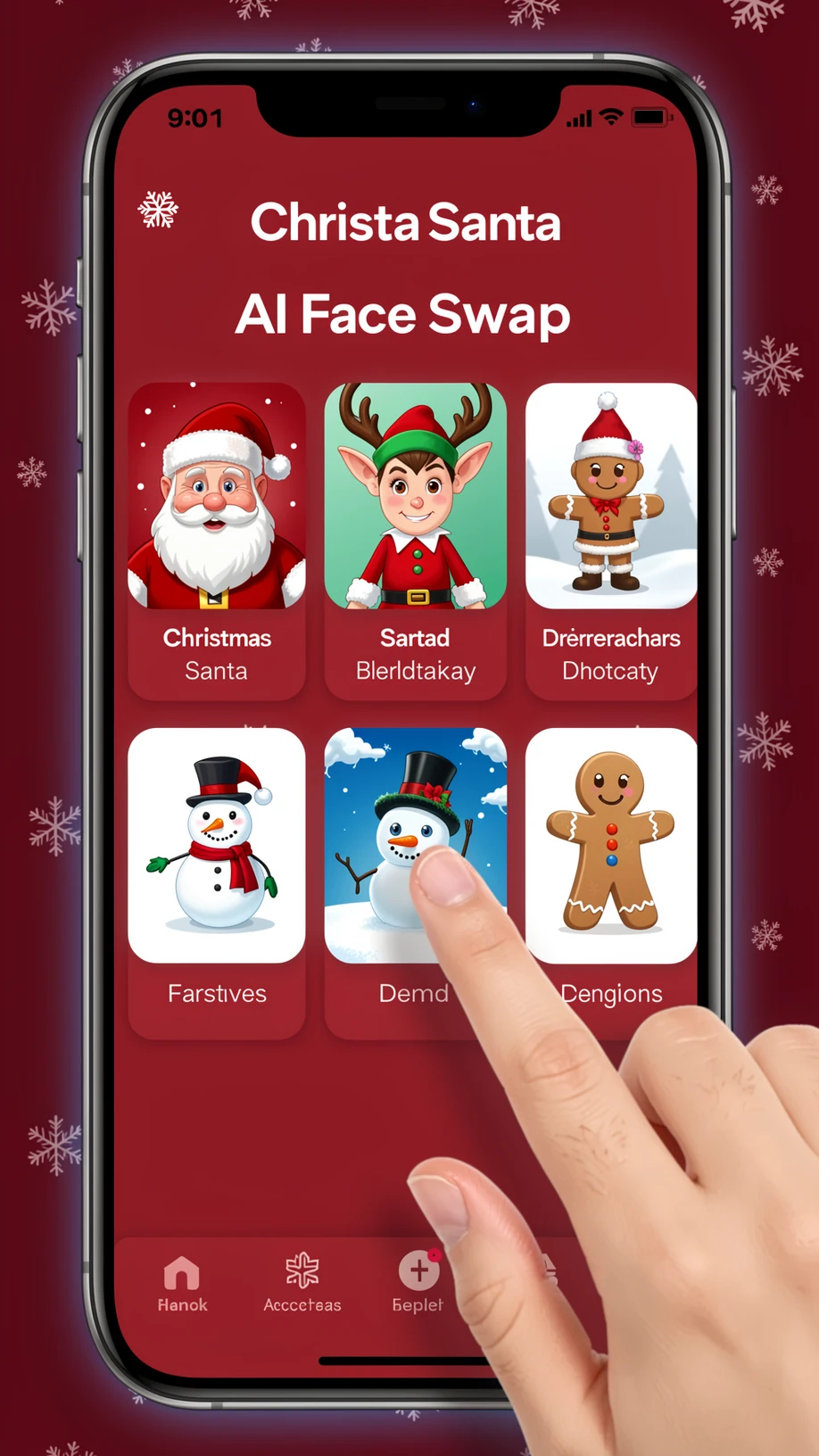 A vertical iPhone screen displaying the Christmas Santa AI Face Swap app's character selection menu. A row of tappable thumbnails shows labeled options for Santa, an elf, a reindeer, a snowman, and a gingerbread character, and a user's thumb hovers over the Santa tile. The interface sits on a deep red background scattered with small white snowflake icons. A crisp, even screen-lit glow lifts the panel, with cool highlights skimming the glass. Clean, playful, family-friendly app atmosphere.