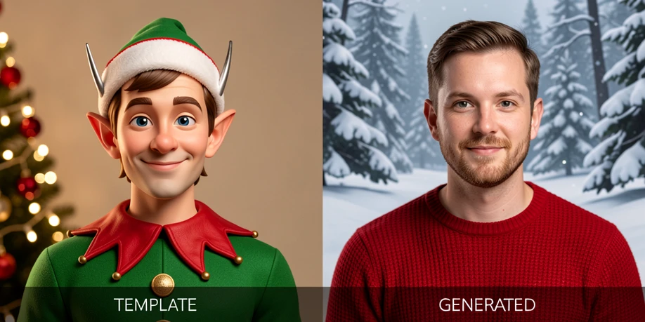 Two Christmas portraits of the same man placed side by side for comparison. The left image is a template-based Media.io swap with his face on a cartoonish elf body, while the right is a generative ChatGPT portrait showing a realistic version of him in a red knit sweater before a snowy forest. A thin label reads 'TEMPLATE' at the lower left corner and 'GENERATED' at the lower right, both in small white uppercase sans-serif. Soft, warm holiday light falls from the front, smoothing skin tones evenly. Calm, illustrative comparison mood.