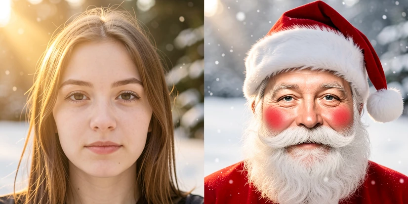 A side-by-side before-and-after panel showing a young woman's photo transformed by an AI Christmas face swap. On the left sits a plain front-facing selfie in even daylight, and on the right the same face is blended onto a Santa Claus portrait with a red hat, a white beard, and rosy cheeks. The pair is set against a soft snowy background. Warm golden light falls from the upper left, modeling the face gently and catching the fur trim of the hat. Cheerful, festive holiday mood.
