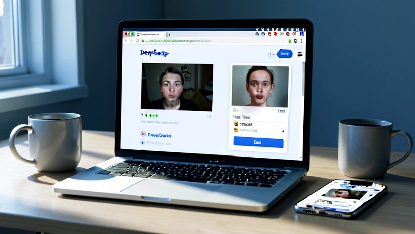A laptop on a tidy desk displays the DeepSwap web app open in a browser, showing a video face-swap project mid-upload with a source clip thumbnail on the left and a target face panel on the right. A coffee mug and a phone mirroring the same tool sit beside it. Soft daylight from a window on the left rakes across the keyboard, cool and even, casting gentle shadows. Calm, focused home-office atmosphere.