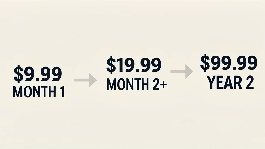 A clean horizontal timeline graphic charts three price points rising left to right, each labeled in bold dark sans-serif text above a step: "$9.99 MONTH 1", then "$19.99 MONTH 2+", then "$99.99 YEAR 2". Upward arrows connect the steps across a pale neutral background. Flat studio lighting, even and shadowless, keeps every figure crisp. Sober, slightly cautionary financial-explainer mood.