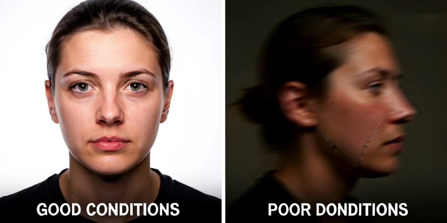 Two side-by-side video stills of the same face-swapped portrait fill the frame, the left labeled "GOOD CONDITIONS" in white uppercase showing a sharp front-facing well-lit face, the right labeled "POOR CONDITIONS" showing the same swap blurred on a fast-moving side profile with visible seam artifacts around the jaw. A thin white divider runs down the center. Bright even key light on the left half, dim uneven light on the right. Analytical, comparison-test mood.