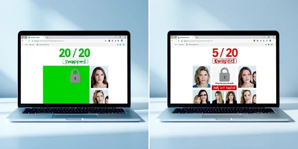 A split-screen comparison of two browser face swap tools side by side. On the left panel a progress tracker reads "20 / 20 swapped" in green; on the right panel an identical tracker reads "5 / 20" in red with a grey lock icon over the remaining thumbnails and a small banner stating "Daily limit reached". The screens sit on a clean white desk under soft, cool daylight falling from the upper left, casting gentle shadows behind each laptop. The mood is calm and analytical, the contrast between the full green column and the blocked red column immediately legible.