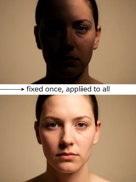 A single source portrait shown twice in a vertical before-and-after stack. The top frame shows a face lit harshly from one side with a deep shadow swallowing half the cheek; the bottom frame shows the same face under soft, even frontal light that wraps gently around the nose and jaw with no hard shadow. A thin arrow labelled "fixed once, applied to all" connects them. Warm neutral background, the lighting itself is the subject, the contrast between the muddy shadowed version and the clean evenly lit version reading instantly.