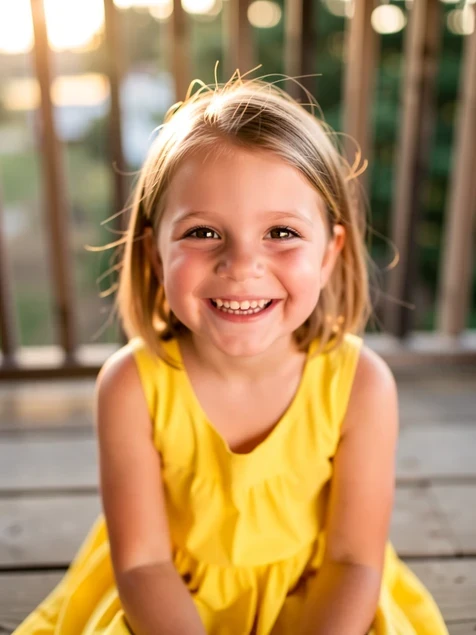 A young girl smiling directly at the camera, framed from the shoulders up, pulled from a second burst frame of the same session. She sits on the same wooden porch in the same yellow dress as the group photo. Shallow depth of field blurs the railing behind her. Warm low sunlight from the left wraps softly around her cheek and catches a glint in her eyes. Bright, candid, affectionate mood.