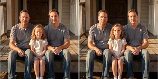 A two-panel comparison of the same outdoor family portrait, four people seated on a wooden porch step. In the left panel the youngest child is caught mid-blink with her eyes shut; in the right panel her eyes are open and she looks straight at the camera while the parents and sibling beside her stay identical. Soft late-afternoon sunlight rakes warmly from the left, casting gentle shadows across the planks. Calm, natural, documentary tone.