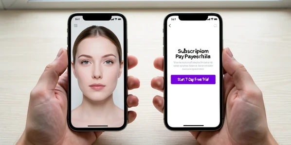 Two phones held in a pair of hands side by side. The left screen shows a clean finished face-swap result with no watermark; the right screen shows a subscription paywall with a bold purple button reading "Start 7-Day Free Trial" in white text. Both phones rest above a pale wooden table. Soft diffused daylight from a window overhead falls evenly across both screens. Honest, cautionary, consumer mood.