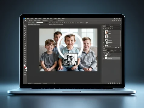 A laptop screen showing a photo editor with a family group photo open, one child's face sitting on its own layer above a black-and-white layer-mask thumbnail in the panel. A soft white brush circle hovers over the swapped face while the siblings on either side remain untouched. The dark gray interface surrounds the canvas with floating panels. Cool even screen glow lights the workspace from the front. Focused, technical, instructional atmosphere.