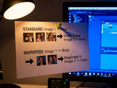 A printed reference card pinned beside a computer monitor that shows a glowing ComfyUI canvas. The card lists two rows of paired thumbnail photos with bold arrows, the top row labeled "STANDARD: Image 1 = Face, Image 2 = Body" and the lower row labeled "INVERTED: Image 1 = Body, Image 2 = Face". A desk lamp throws warm directional light from the upper left across the matte card, while cool blue screen glow spills from the right, the two temperatures meeting on the paper surface in a soft gradient.