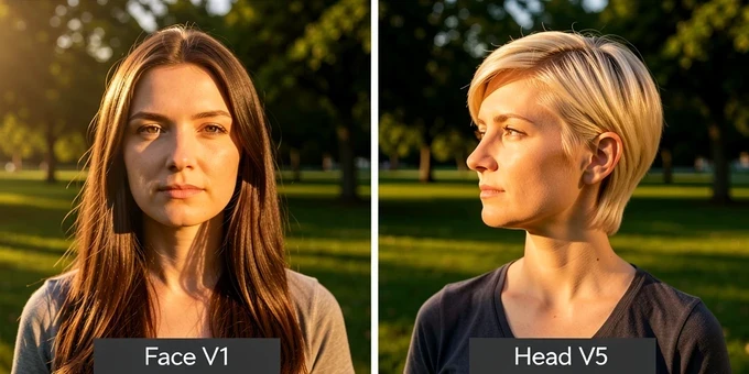 A two-panel side-by-side comparison of the same woman standing in a sunlit park. The left panel labeled "Face V1" shows a face-only swap where her original long brown hair stays unchanged. The right panel labeled "Head V5" shows a full head swap where both the face and a new short blonde hairstyle have transferred, her head turned to match the body's pose. Warm afternoon sunlight rakes in from the left at a low angle, casting soft consistent shadows across both faces so the swapped skin blends into the same scene lighting.
