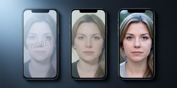 Three vertical phone screens stand side by side showing the same face-swapped clip at three quality levels. Each screen displays a different result while the viewer compares them. The left screen carries a faint diagonal watermark reading "PREVIEW" in pale grey block capitals across a soft low-resolution frame, the middle screen shows a clean but slightly fuzzy standard-definition still, and the right screen shows a crisp sharp HD frame with no marking. Soft cool studio light falls from the upper left, casting gentle even shadows on a matte dark surface. Calm, analytical, product-comparison mood.