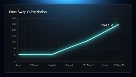 A line chart drawn on a dark dashboard panel tracks a face swap subscription's cost over two years. The line holds flat and low through the first twelve months, then steps sharply upward at the one-year mark and continues flat at the higher level. A small label near the rise reads "YEAR 2: x2" in white sans-serif capitals. A faint grid sits behind the line and a soft cyan glow traces its path. Cool blue light washes the panel from above, crisp and even. Analytical fintech-dashboard mood, clean and slightly tense.