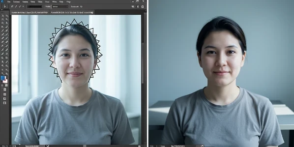 A split-frame comparison showing the same portrait head being placed onto a different body two ways. On the left, a Photoshop screen displays a hand-drawn jagged selection path traced around the hair with a visible pen-tool outline. On the right, a clean AI result shows the full head blended onto the new body with no seams. The two halves are divided by a thin vertical line. Soft cool daylight from a window falls from the upper left, casting gentle shadows on a matte grey desk surface and giving the screens a calm, even glow.