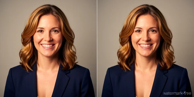 A before-and-after head swap shown side by side. The left half holds a portrait of a smiling woman with shoulder-length wavy hair. The right half shows that same head, hair and neck included, blended naturally onto a different body wearing a navy blazer against a neutral studio backdrop, with no visible seam at the neck or hairline. A faint label reading "watermark-free" sits in small grey lowercase type in the lower right corner. Warm soft key light from the front right wraps around the face and hair, while a cooler fill softens the shadow side for an even, photographic finish.