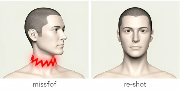A two-panel diagram of a head swap angle problem and its fix. The left panel shows a figure with a forward-facing body but a head turned three-quarters to the side, with a jagged red mismatch line glowing at the neck where the blend fails. The right panel shows the corrected version, both head and body facing forward, the neck join smooth and clean. Simple lowercase labels read "mismatch" on the left and "re-shot" on the right in small dark grey type. Flat, even studio lighting from directly above keeps both panels clear and shadow-free against a pale neutral background.