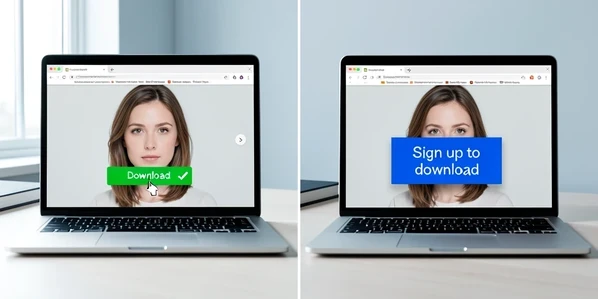 A split-screen comparison of two laptop browser windows showing the same finished face-swapped portrait. The left window displays a green 'Download' button being clicked and a small file-saved checkmark. The right window shows an identical photo but with a blue 'Sign up to download' modal blocking the result. The setting is a clean desk with a closed notebook beside the laptop. Crisp interface detail, the word 'Download' in white on the left and 'Sign up to download' in white on the right modal, both lowercase except first letters. Bright even daylight from a window on the left, cool neutral tone falling flat across both screens. Calm, clinical comparison mood.