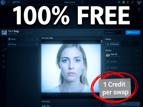 A close-up of a desktop face swap web app where a bold white headline reads '100% FREE' across the top banner in uppercase, while a small grey badge in the lower right of the editor panel reads '1 Credit per swap' in mixed case. A red hand-drawn circle highlights the credit badge, exposing the contradiction. The interface shows a half-finished face swap preview in the center canvas. Soft diffused screen glow as the only light source, cool blue-white temperature washing over a dark UI. Slightly tense, gotcha investigative mood.