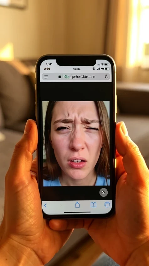 A hand holding an upright smartphone in a mobile browser running a face swap, with a short looping video preview playing on screen showing a swapped face mid-blink. No app icon or install banner is visible, only the browser address bar at the top reading a generic url. The background is a softly blurred living room couch. Warm late-afternoon sunlight coming from the right, golden and soft, catching the edge of the phone and the fingertips. Casual, spontaneous, everyday mood.