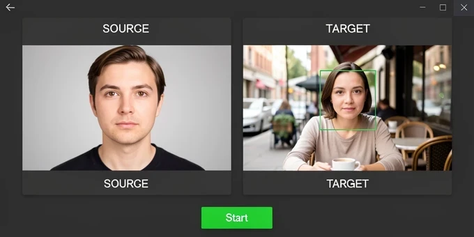 Two photographs displayed side by side inside a face-swap application canvas, left frame labeled "SOURCE" showing a plain studio headshot of a person facing forward, right frame labeled "TARGET" showing a different photo of someone at an outdoor cafe, with a thin highlighted selection box around one face in the target. A green "Start" button sits below the canvas. The interface is dark grey with crisp white labels in uppercase. Even soft daylight-balanced screen glow lights both photos uniformly, no harsh shadows. Focused, workmanlike editing-session mood.