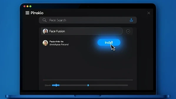 A clean desktop application window showing the Pinokio search bar at the top with the typed text "Face Fusion" in a search field, and a blue "Install" button glowing softly beside a matching result card. The cursor hovers over the button mid-click. Setting is a minimal dark-mode app interface on a laptop screen. Crisp UI panels, rounded corners, a small download progress bar beginning to fill. Cool blue screen light falls evenly across the flat interface from the display itself, soft and shadowless. Calm, instructional atmosphere of a first install.