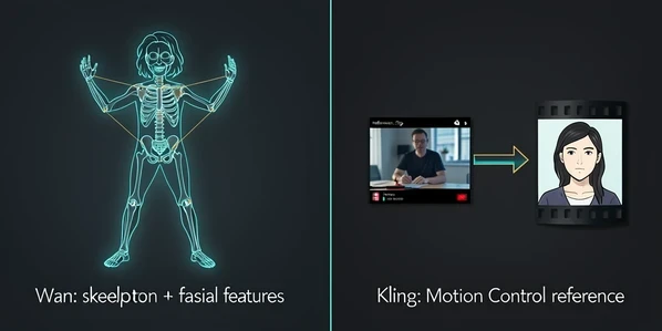 A split-screen technical diagram comparing two face-swap pipelines. On the left, a stick-figure skeleton overlay glows over a dancing performer, with thin lines mapping joints onto a neutral character portrait labeled "Wan: skeleton + facial features". On the right, a short film-strip of a reference clip feeds an arrow into an AI character labeled "Kling: Motion Control reference". Set against a clean dark studio backdrop. Crisp vector linework, thin cyan and amber accent lines. Lit by soft even frontal light, cool temperature, falling flatly on matte panels. Calm, instructional atmosphere.