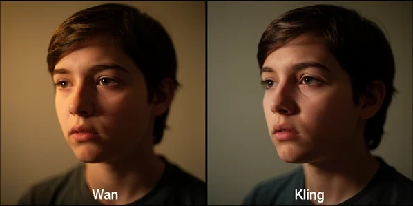 A side-by-side video-frame comparison showing a single character's face during a panning camera move. The left frame, labeled "Wan", shows the swapped face subtly shifting into different features, slightly mismatched. The right frame, labeled "Kling", shows the same face staying identical and recognizable. Both frames depict a young person turning their head in a plain interior room. Photographic realism, shallow depth of field. Lit by a soft warm key light from the upper left, gentle shadow on the far cheek, falling smoothly across skin. Tense, evaluative atmosphere.