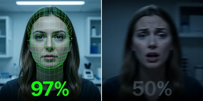 A split comparison panel. On the left half, a robotic AI scanner overlays a crisp green detection grid on a single frozen portrait photo of a woman, with the number "97%" in bold green sans-serif at the bottom. On the right half, the same scanner struggles over a blurred motion-streaked video frame of the same woman mid-speech, with "50%" in faded grey. A thin vertical divider separates them. Cool clinical lab lighting hits the left panel evenly while the right panel is dimmer and uncertain. The mood contrasts machine confidence against machine confusion.