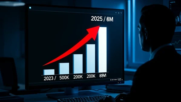 A steep bar chart climbing left to right on a dark dashboard screen, the short left bar labeled "2023 / 500K" and the towering right bar labeled "2025 / 8M" in white sans-serif, an upward red arrow sweeping over the bars. A finance analyst silhouette watches from the side. Cool blue monitor light glows from the screen against a dim room, the tall bar edge catching a sharp highlight. The atmosphere is tense and escalating, conveying a threat outrunning its defenses.