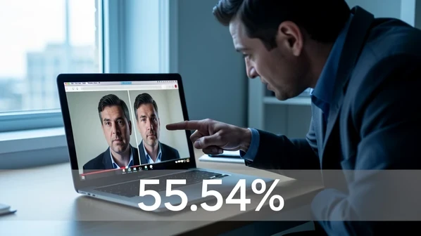 A confident office worker leans toward a laptop screen showing two near-identical portrait video frames of the same man, pointing at the left one as if certain it is real. The setting is a tidy desk by a window. A faint translucent overlay reads "55.54%" in a clean white sans-serif numeral across the lower third. Soft cool daylight from the left rakes across the screen glow, throwing a gentle shadow under the pointing hand. The mood is quietly ironic, the gap between certainty and accuracy made visible.