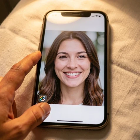A square AI-generated portrait of a smiling woman shown on a phone screen, with a small visible watermark icon tucked into the bottom-left corner of the picture. A fingertip hovers near the corner as if pointing at the mark. The phone rests on a pale fabric surface. Warm, soft indoor light from above grazes the screen and the hand, leaving a gentle highlight on the glass. Quiet, attentive, informative mood.