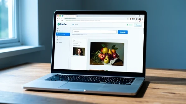 A laptop screen displaying the BanaGen web editor as a user clicks a bright "Generate" button with no account prompt visible. The interface sits in a browser on a wooden desk, showing a text prompt field, a small reference-photo thumbnail, and a partially rendered fruit-and-portrait image on the canvas. Cool daylight from a window on the left falls softly across the keyboard and screen bezel, casting a gentle shadow to the right. Calm, focused, everyday workspace feel.