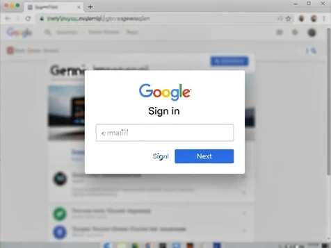 A desktop browser showing the Google sign-in panel overlaid on the Gemini image-generation page, with an email field, a blue "Next" button, and the multicolor Google logo above the heading "Sign in". The window floats over a faintly blurred product background. Even, neutral office lighting hits the screen straight on, producing crisp text and a faint reflection on the glossy display. Clean, official, slightly clinical tone.