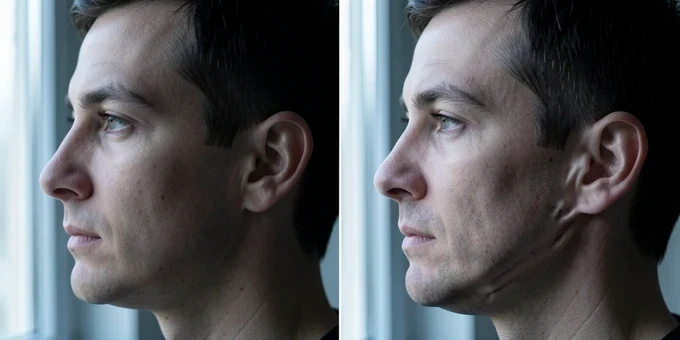 A side-by-side before and after comparison of a face swap on a difficult side-profile portrait. On the left, a sharp clean photo of a person turned three-quarters away showing a clear cheek and jaw. On the right, the swapped output with the new face misaligned at the angle, edges smeared near the ear and a faint warp along the jawline. A thin vertical divider splits the two frames. Soft diffused window light from the left, cool neutral temperature, gentle shadow falling across the far cheek. Honest documentary mood.