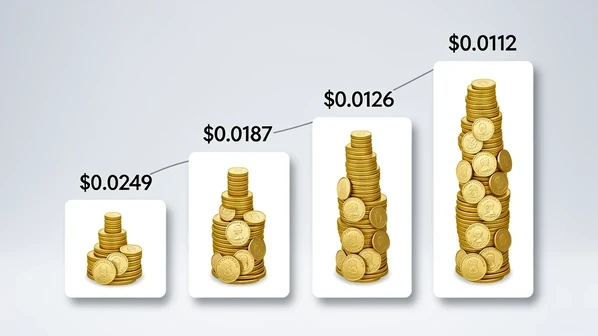 A clean pricing comparison card showing four ascending coin bundles arranged left to right, each tier larger than the last with a small gold coin icon stack growing in size. The cheapest tier sits low and the largest tier rises tallest, with a thin descending curve line connecting the per-coin cost labels reading "$0.0249", "$0.0187", "$0.0126", "$0.0112" above each column. Set on a soft neutral studio backdrop. Bright even frontal lighting, cool white temperature, crisp shadows under each card. Clean commercial infographic mood.