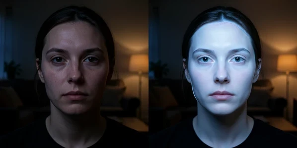 A side-by-side comparison of one video still, left frame showing a natural face and right frame showing the same shot after a swap where the new face appears noticeably too bright and flat against a dim room. Setting is a dim living room at dusk. Details include a soft glow mismatch around the jaw and a faint seam at the hairline. Lighting in the scene is low warm lamplight from the right, while the swapped face carries cooler, brighter studio light that does not belong. Uncanny, revealing.