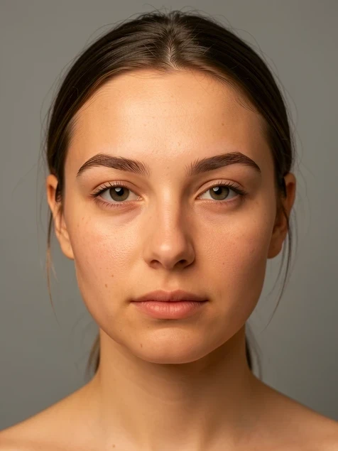 A young woman's face cleanly swapped onto a studio portrait, her features blending into matched skin tone and jawline with no visible seam at the hairline. Setting is a plain neutral-gray photo backdrop. Fine details show soft pores and natural eyebrow texture. Lighting is a single large softbox from the upper left, warm and diffused, falling evenly across both cheeks so highlights and shadows stay consistent across the swapped region. Calm, clinical, believable.