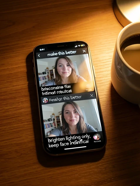 Two stacked phone screenshots of the same selfie editing session, the top labeled "make this better" in lowercase showing a glossy unfamiliar result, the bottom labeled "brighten lighting only, keep face identical" in lowercase showing a faithful result. The phone rests on a wooden desk beside a coffee mug. Warm desk-lamp light angles from the upper right, soft and slightly golden, glinting off the glass screen and casting a gentle shadow under the device. Practical, instructional mood.