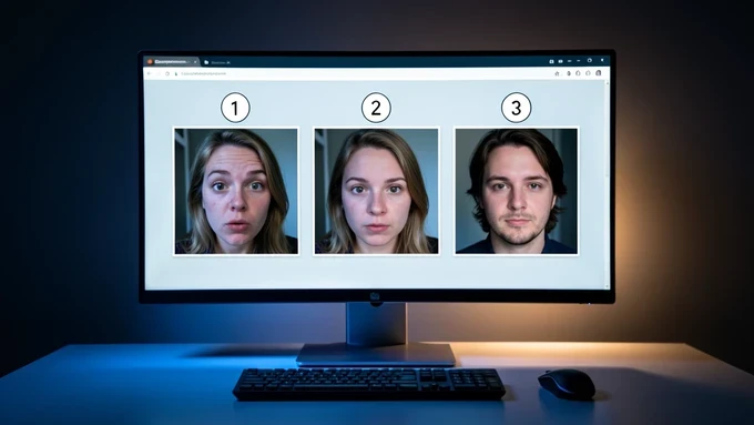 A three-step recovery sequence laid out left to right on a designer's monitor: an altered selfie with a wrong face, the original photo being re-uploaded as a reference, and a corrected result with the true face restored. Small numbered tags "1" "2" "3" sit above each frame in a clean sans-serif. The screen sits in a dim studio. Cool blue monitor glow lights the desk from the front, even and soft, with a faint warm rim from a lamp behind. Focused, problem-solving atmosphere.