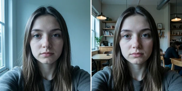 A side-by-side before-and-after of a young woman's selfie where only the background was meant to change, the left frame showing her original face against a plain wall and the right frame showing the same pose against a cafe backdrop but with a subtly altered, unfamiliar face. A thin vertical divider splits the two halves in a quiet home office. Soft window light falls from the left, cool and even, raking gently across both faces to expose the mismatch in eye shape and jawline. Honest, documentary mood.