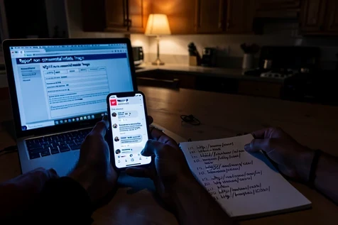 A person's hands holding a smartphone that displays a flagged social media post, while a laptop beside them shows an open NCII reporting form with the visible heading "Report non-consensual intimate image". A notepad lists timestamped URLs in handwriting. The scene sits on a dim kitchen table at night, lit by the cool blue glow of the two screens hitting the hands and paper from below, warm lamp light fading in the background. Tense, focused, urgent mood.