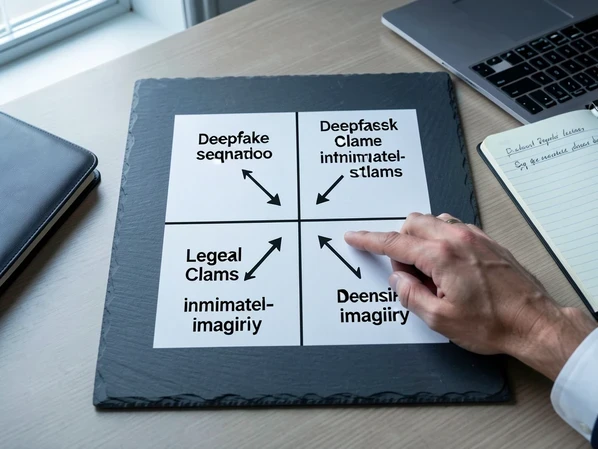 A clean four-quadrant decision chart on a matte slate surface, each quadrant labeled with one deepfake scenario and an arrow pointing to its matching legal claim, a fingertip resting on the intimate-imagery quadrant. The chart sits on a lawyer's desk beside a closed laptop and a legal pad. Soft diffused daylight from a window on the left falls evenly across the paper, cool neutral temperature, gentle shadows under the hand. Calm, methodical, advisory atmosphere.