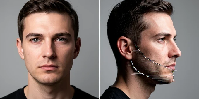 A split before-and-after comparison of one man's face turning from front-facing to a sharp side profile, the left half a clean realistic deepfake and the right half visibly glitching with smeared edges and a flickering seam along the jaw. Plain neutral studio backdrop behind him. Soft even frontal key light on the left portrait turns hard and uneven on the right, exaggerating the broken blend. Clinical, diagnostic comparison mood.