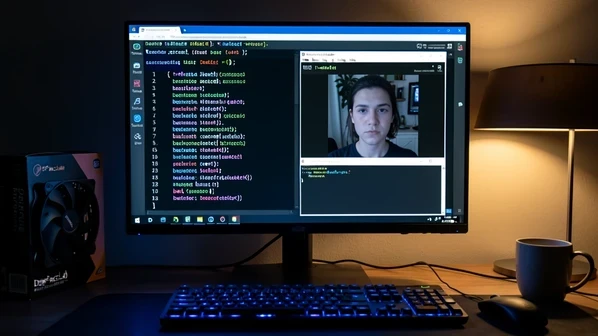 A desktop monitor filling the frame, displaying the DeepFaceLab command-line workflow with a column of numbered batch scripts and a half-finished face-training preview window beside it. The scene sits on a dim home-office desk with a graphics card box and coffee mug just visible at the edges. Cool blue monitor glow falls across the keyboard from the front, harsh against the warm desk lamp behind, throwing soft shadows toward the viewer. Focused, slightly intimidating late-night working mood.