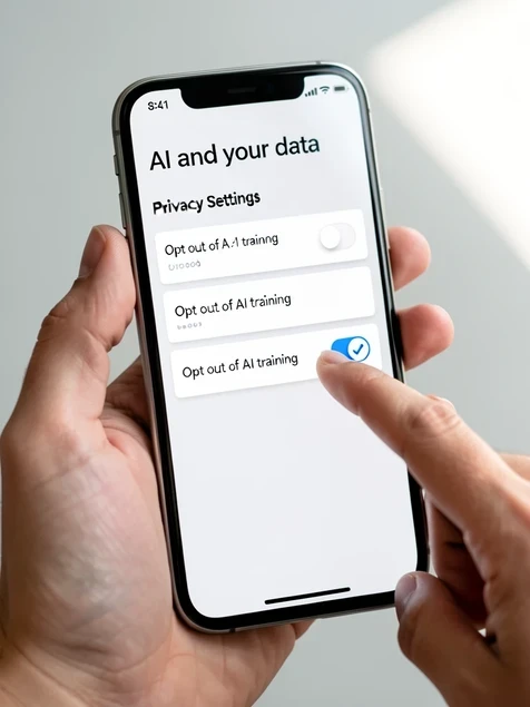 A smartphone held in one hand displaying a social media privacy settings screen titled "AI and your data", with a labeled toggle row reading "Opt out of AI training" switched to the off-blue position and a confirmation checkmark beside it. The interface uses clean white cards on a light grey background. The thumb hovers over the toggle. Soft diffused daylight from the upper right falls evenly across the glossy screen. Focused, reassuring mood.