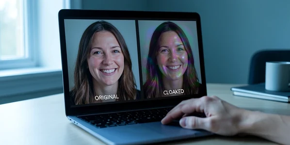 A laptop screen split into two side-by-side photo previews of the same smiling woman's portrait, the left labeled "ORIGINAL" in small uppercase white sans-serif text and the right labeled "CLOAKED", the right preview carrying faint shimmering color distortions across the skin and hair invisible at a glance. A hand rests on the trackpad mid-comparison in a quiet home office. Soft cool daylight from a window on the left rakes across the matte screen and the desk. Calm, analytical mood.