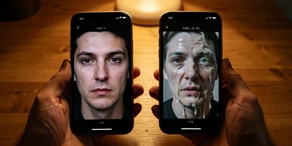 A close-up comparison of two phone screens held side by side, each showing a generated portrait attempt, the left sharp and lifelike from a full-resolution source, the right smeared and warped with melted facial features from a downscaled low-resolution source. Faint on-screen text reads "FROM HD" and "FROM LOW-RES" in tiny white uppercase letters. A person's hands hold both phones over a wooden table. Warm indoor lamplight from above, soft shadows. Slightly unsettling, instructive tone.