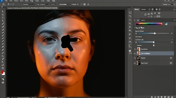 A Photoshop layers view where a copied face fragment sits over a target portrait, with the Neural Filters panel open on the right showing the Harmonization slider mid-adjustment. The copied skin shifts from a cool grey cast toward the warmer tone of the underlying photo. The setting is the full editing interface with a layers stack visible. A negative mask thumbnail shows a black shape protecting the face center. Warm tungsten-style light from the target image wraps the cheek, and the panel glows in cool interface grey. The mood is technical and mid-process.